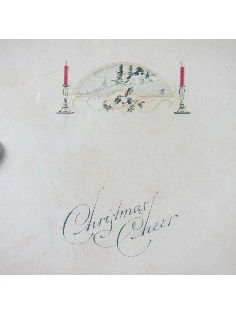 Antique Christmas Card Red Candle Sticks Snowy House Trees Holly Berries Ribbon